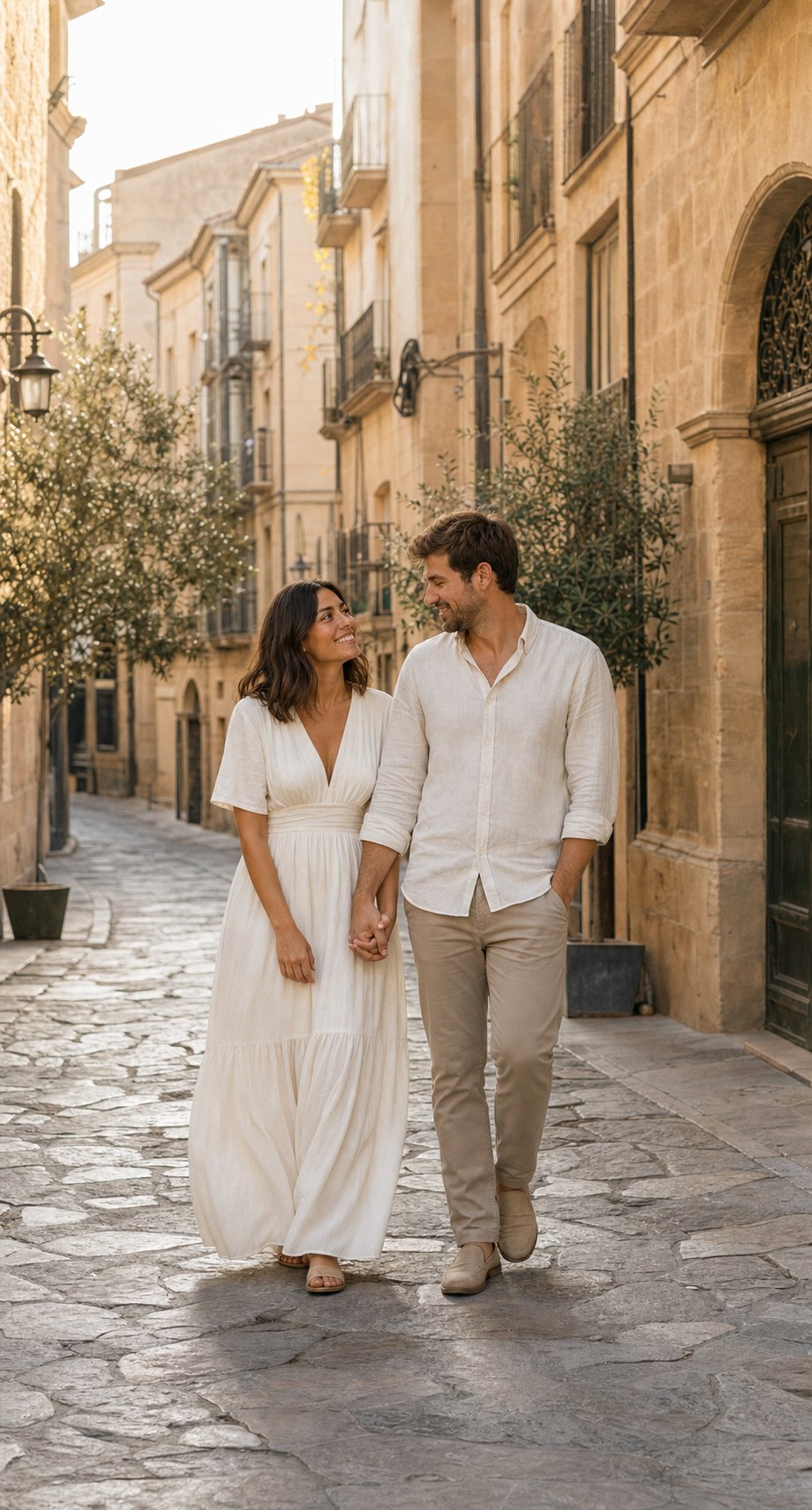 Alex y Rita paseando por una calle empedrada del casco antiguo