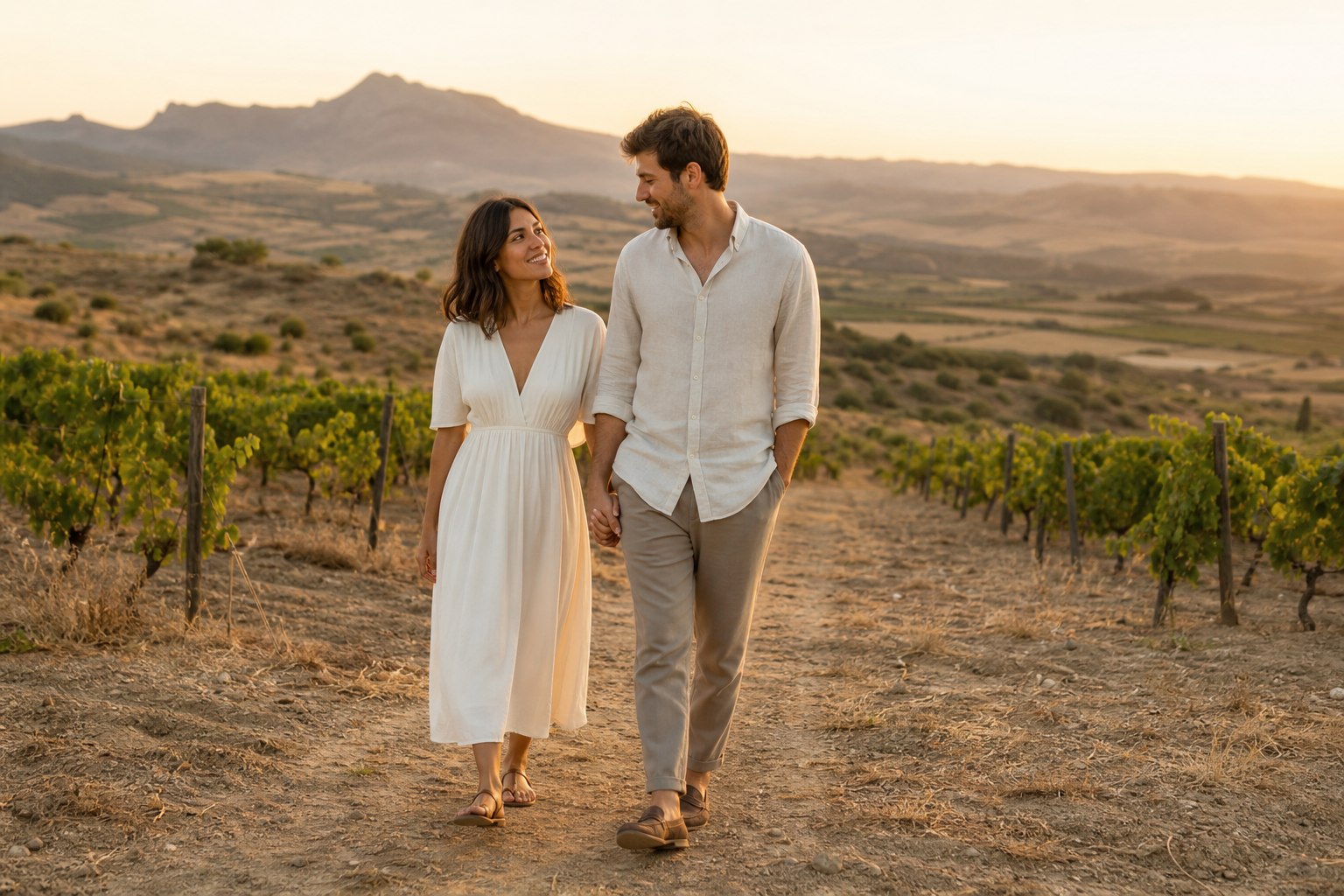 Alex y Rita paseando entre viñedos al atardecer en La Rioja